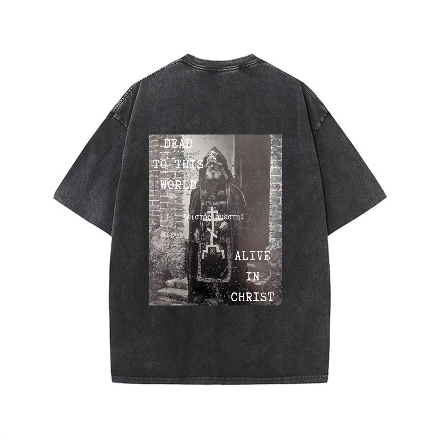 Oversized T-Shirt – “Dead to This World, Alive in Christ” - Black/Grey
