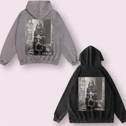 Oversized-Hoodie – “Dead to This World, Alive in Christ” - Schwarz/Grau